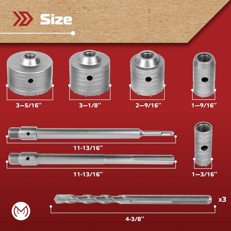 MonoPro 10-Pieces Concrete Hole Saw Kit with 3 Drill Bits and SDS Plus & Max Shank, Masonry Hole Saw Kit Size 30, 40, 65, 80, 100 MM for Brick, Block, Concrete Drilling. - Image 2